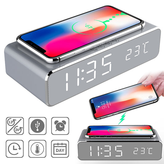 Smart LED Alarm Clock with Wireless Charging – Sleek HD Mirror Display, Built-in Thermometer, and Stylish Desk Decor for a modern touch!