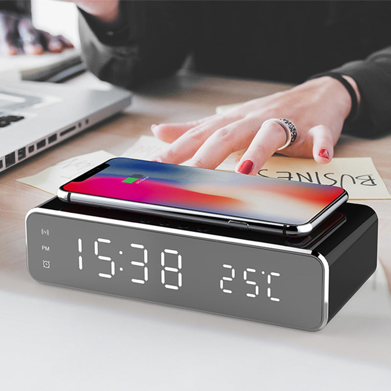 Smart LED Alarm Clock with Wireless Charging – Sleek HD Mirror Display, Built-in Thermometer, and Stylish Desk Decor for a modern touch!