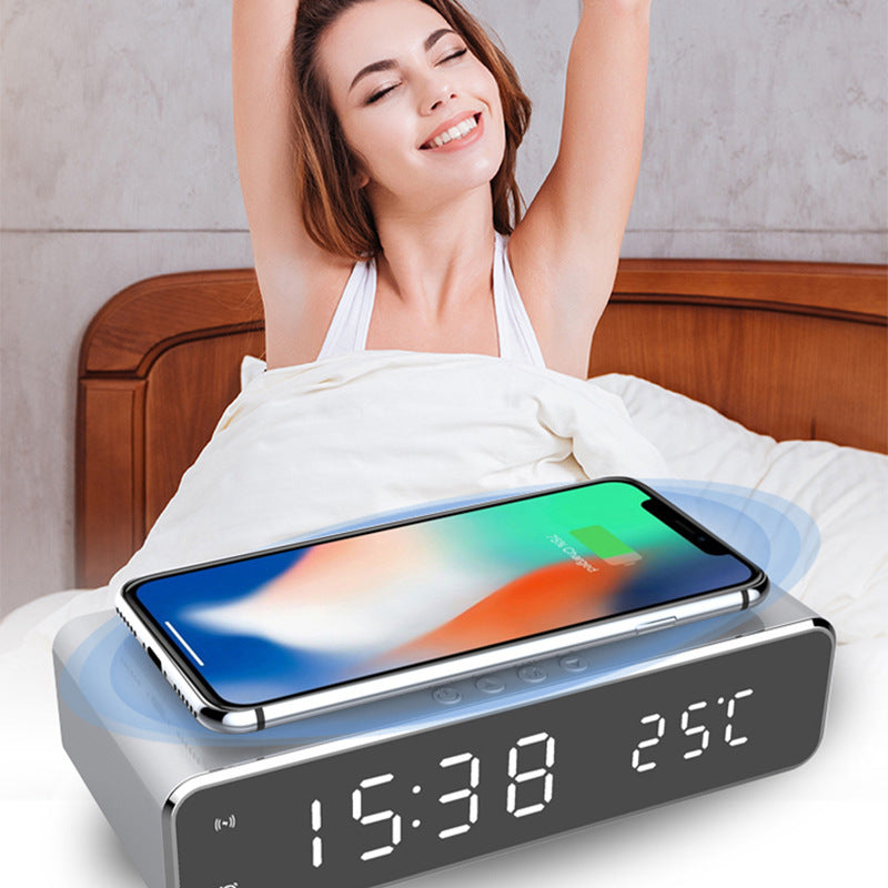 Smart LED Alarm Clock with Wireless Charging – Sleek HD Mirror Display, Built-in Thermometer, and Stylish Desk Decor for a modern touch!